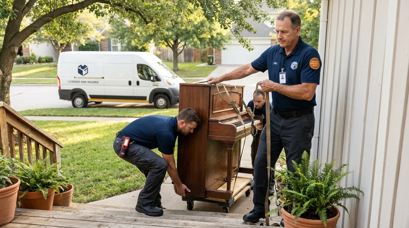 Licensed piano movers securing grand piano in Cumberland, WI