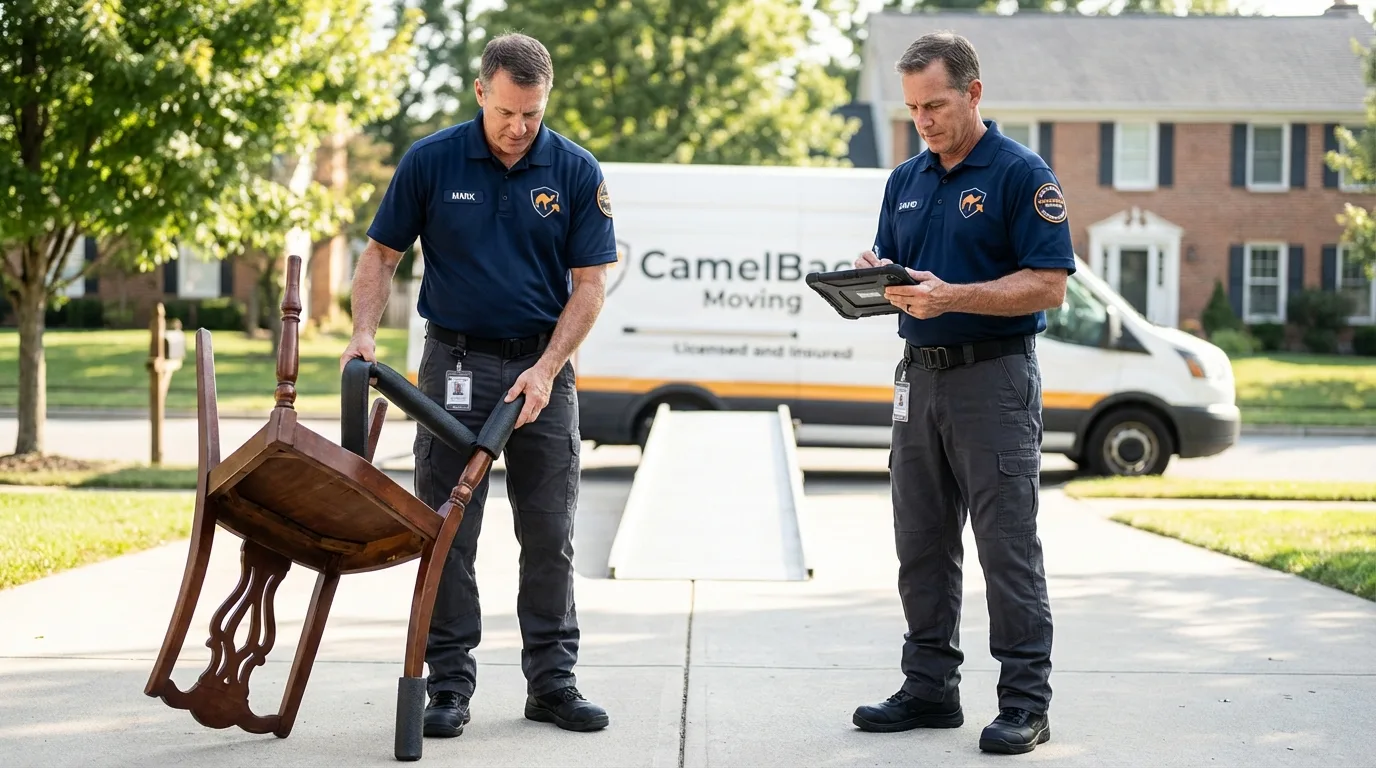 Movers inspecting furniture for damage prevention before loading in Cumberland, WI