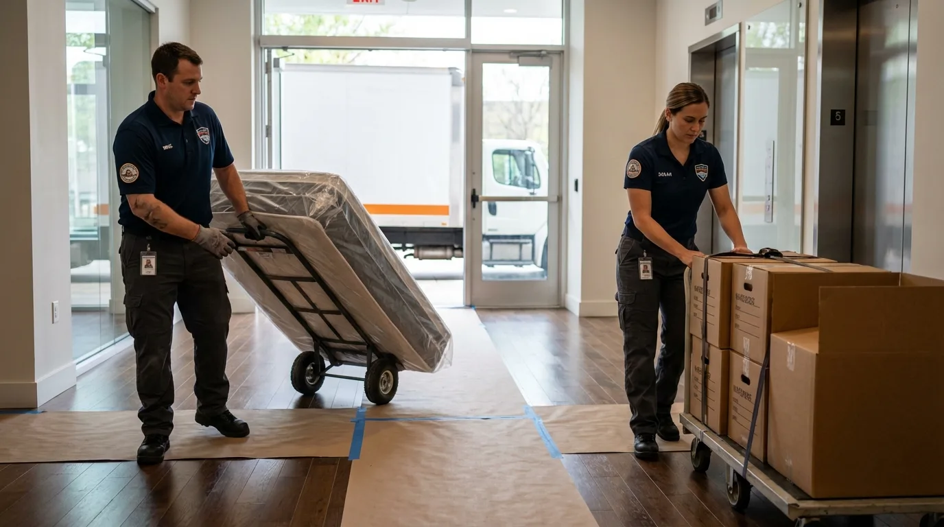 Professional apartment movers loading elevator in Cumberland, WI