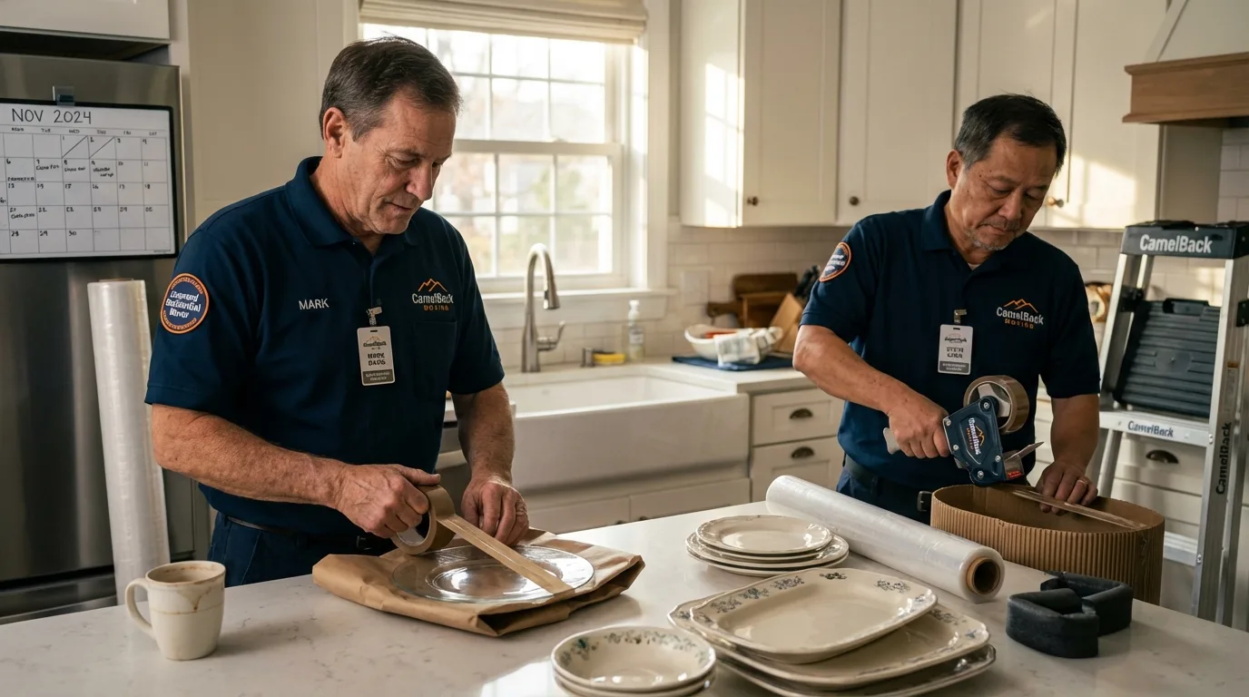 Professional crew packing kitchen dishware in Cumberland, WI